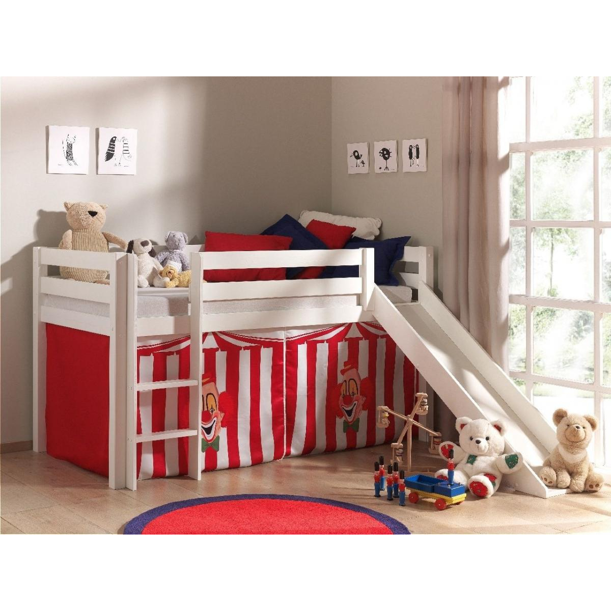 PINO Lit mezzanine avec toboggan pin massif + Rideau de lit Chucky couleur unique, VIPACK