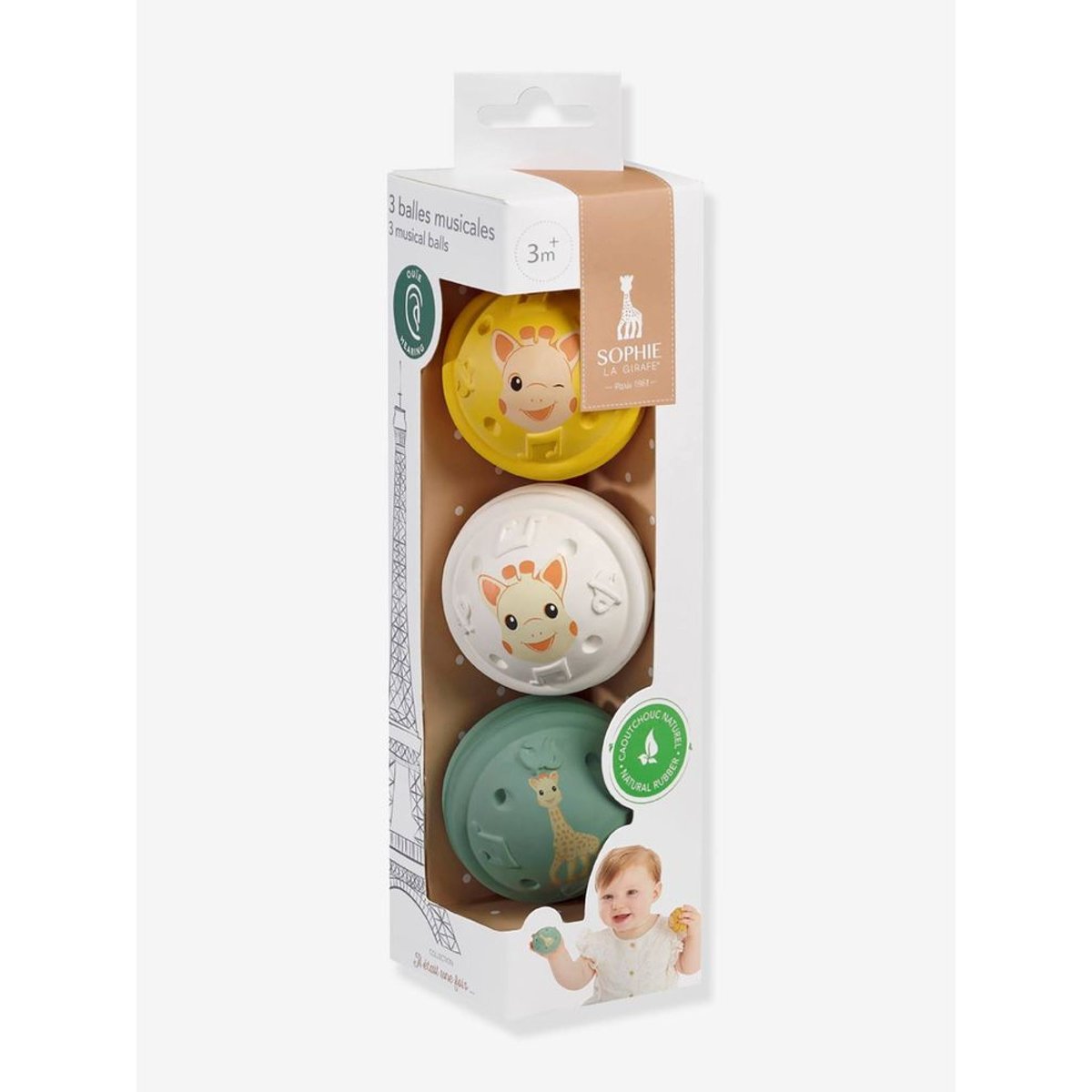 Lot de 3 balles musicales blanc, vert, jaune, SOPHIE LA GIRAFE