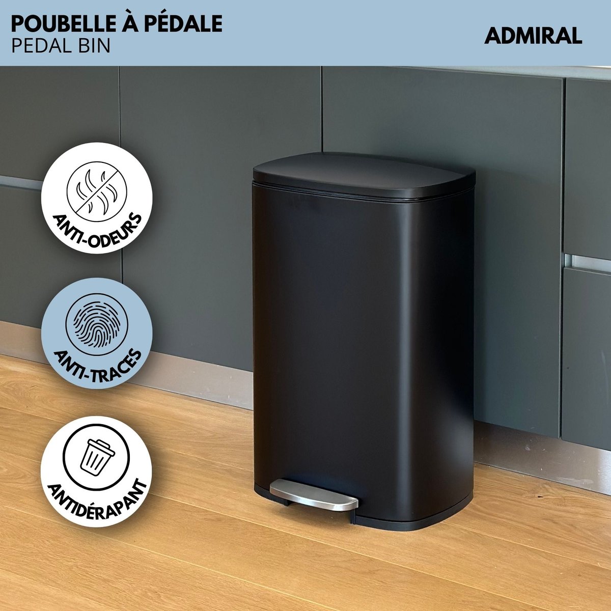 Poubelle de cuisine à pédale ADMIRAL noir mat, KITCHEN MOVE