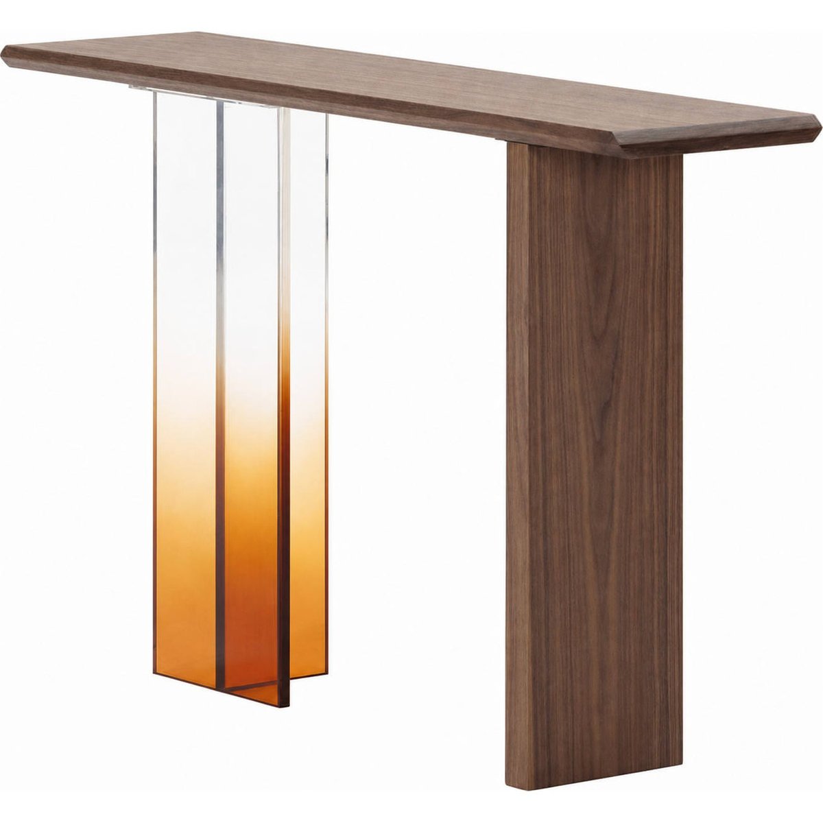 Console en noyer et méthacrylate noyer, transparent et ambre, RECOLLECTION