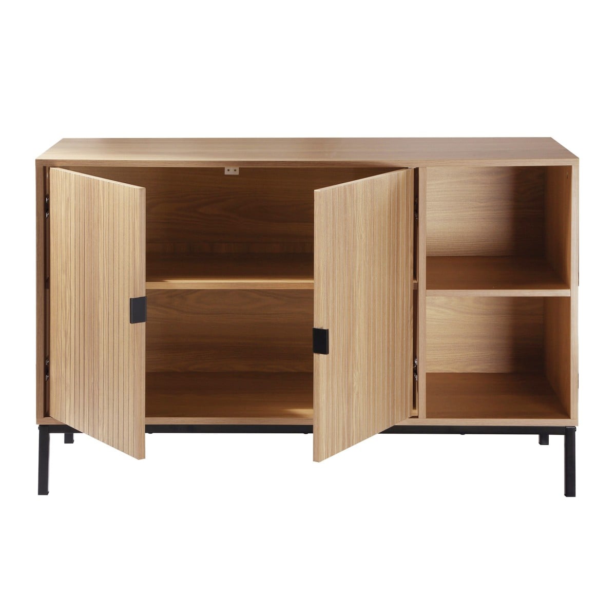 Buffet 2 portes 2 niches ouvertes effet bois rainuré L110 cm - TARA bois clair, CALICOSY
