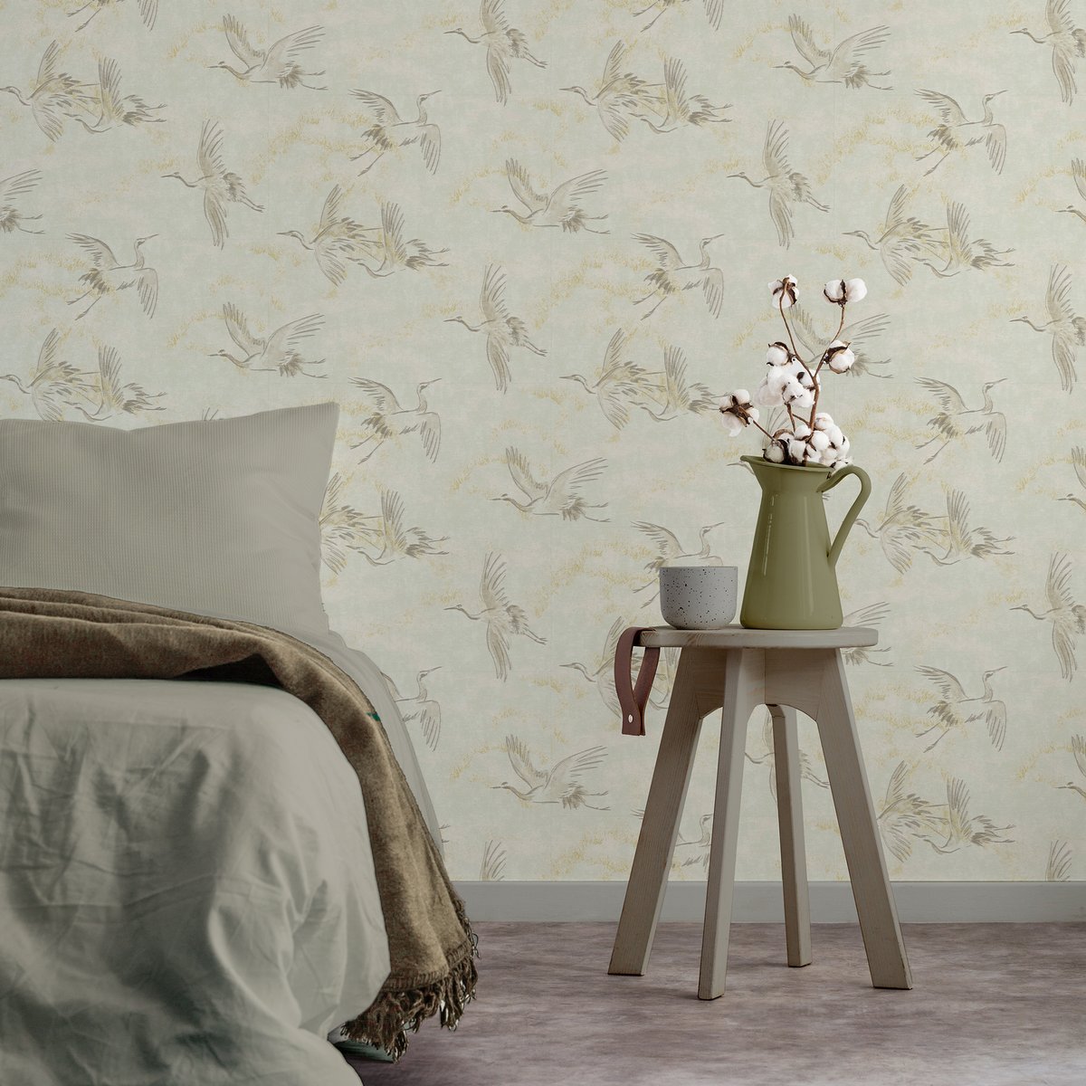 Papier peint Grues vol de jour gris, ART FOR THE HOME