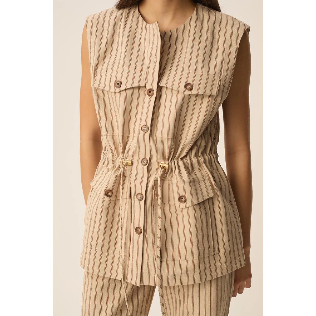 Valentina Striped Sleeveless Jacket beige, DES PETITS HAUTS