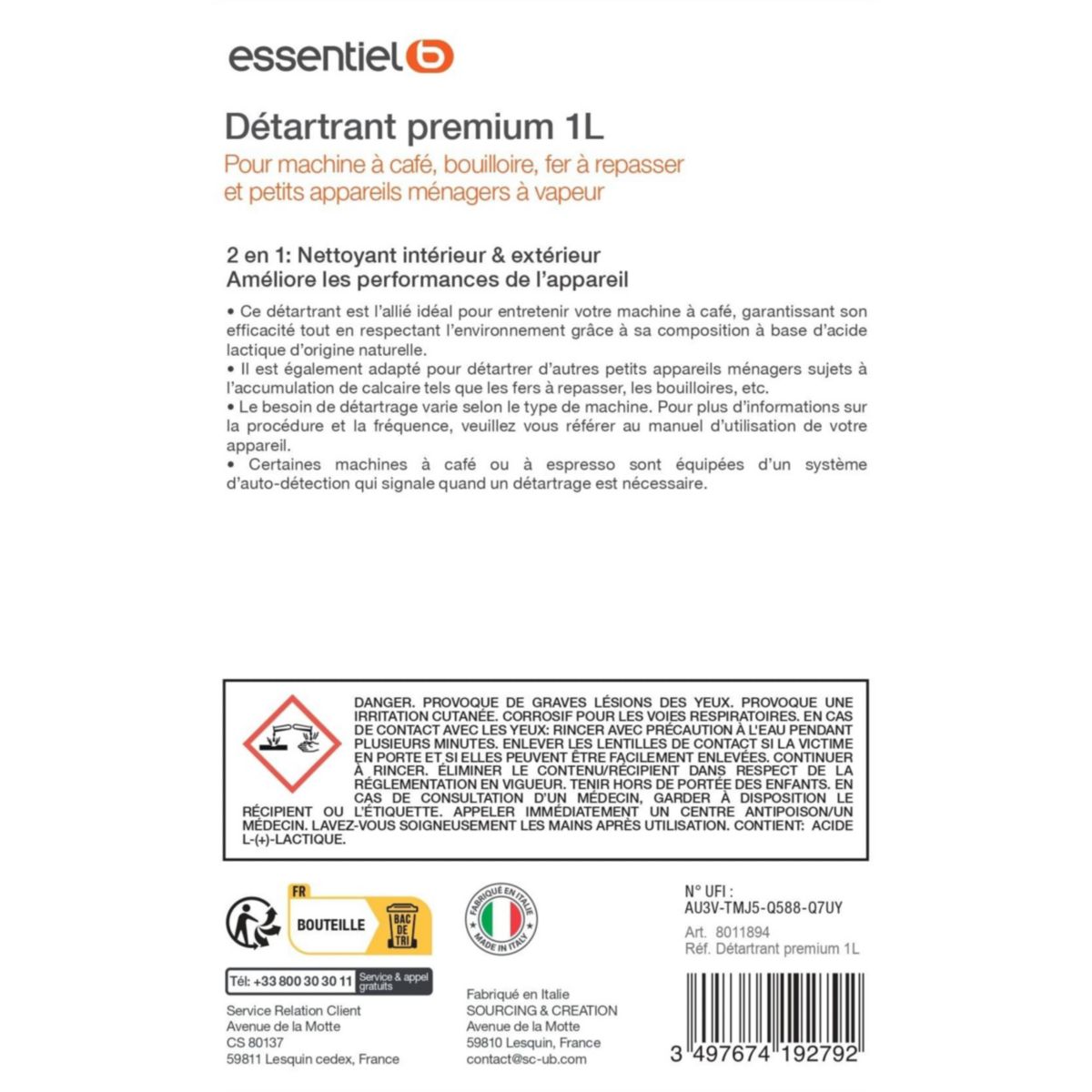 Détartrant Premium 1L multi-appareils, efficace contre le calcaire couleur unique, ESSENTIEL B