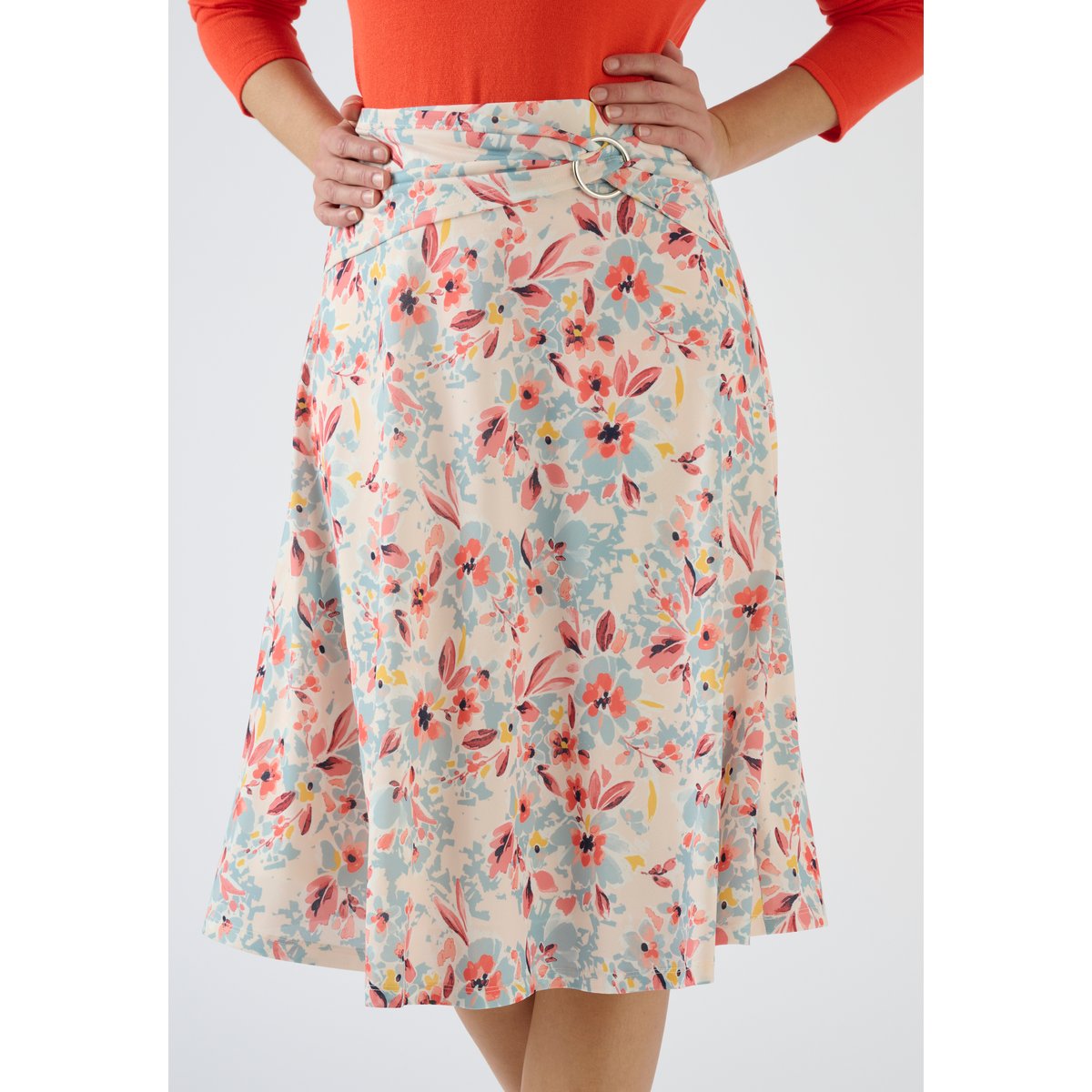 Jupe ceinture à boucle bleu grandes fleurs, DAMART