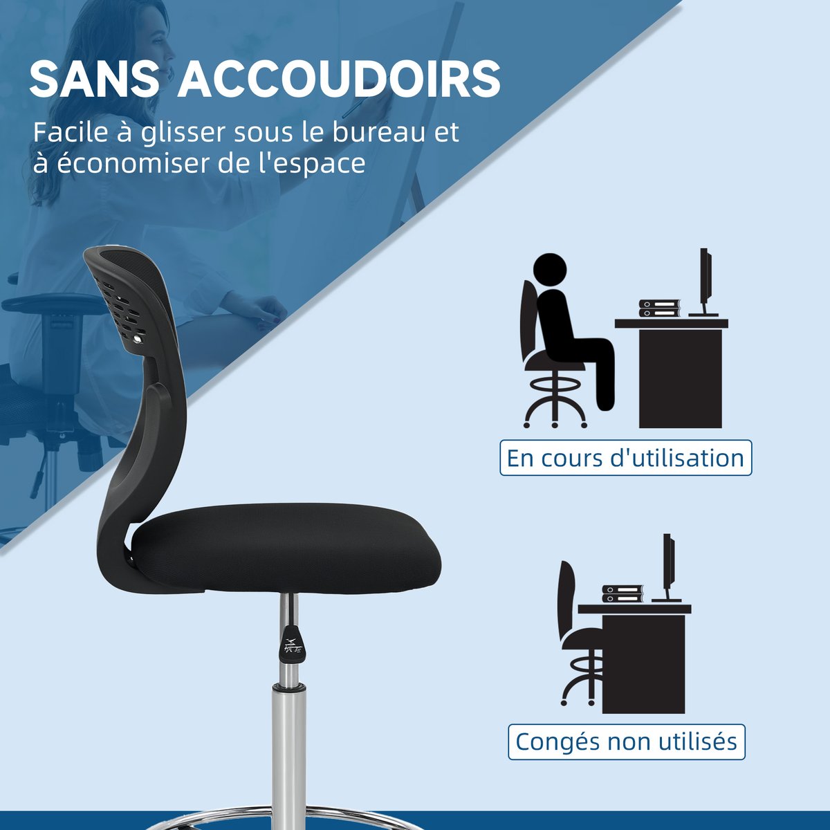 Chaise de bureau pour poste de travail debout noir, HOMCOM