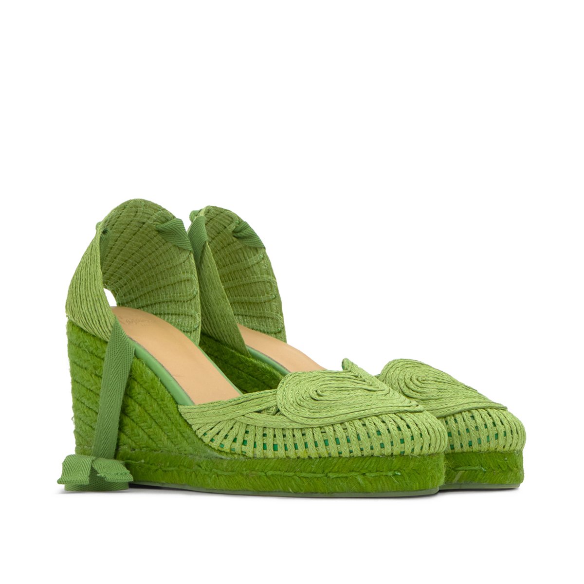 Espadrilles compensées en raphia tressé avec lacets à nouer CACIA PLATFORM vert, CASTANER