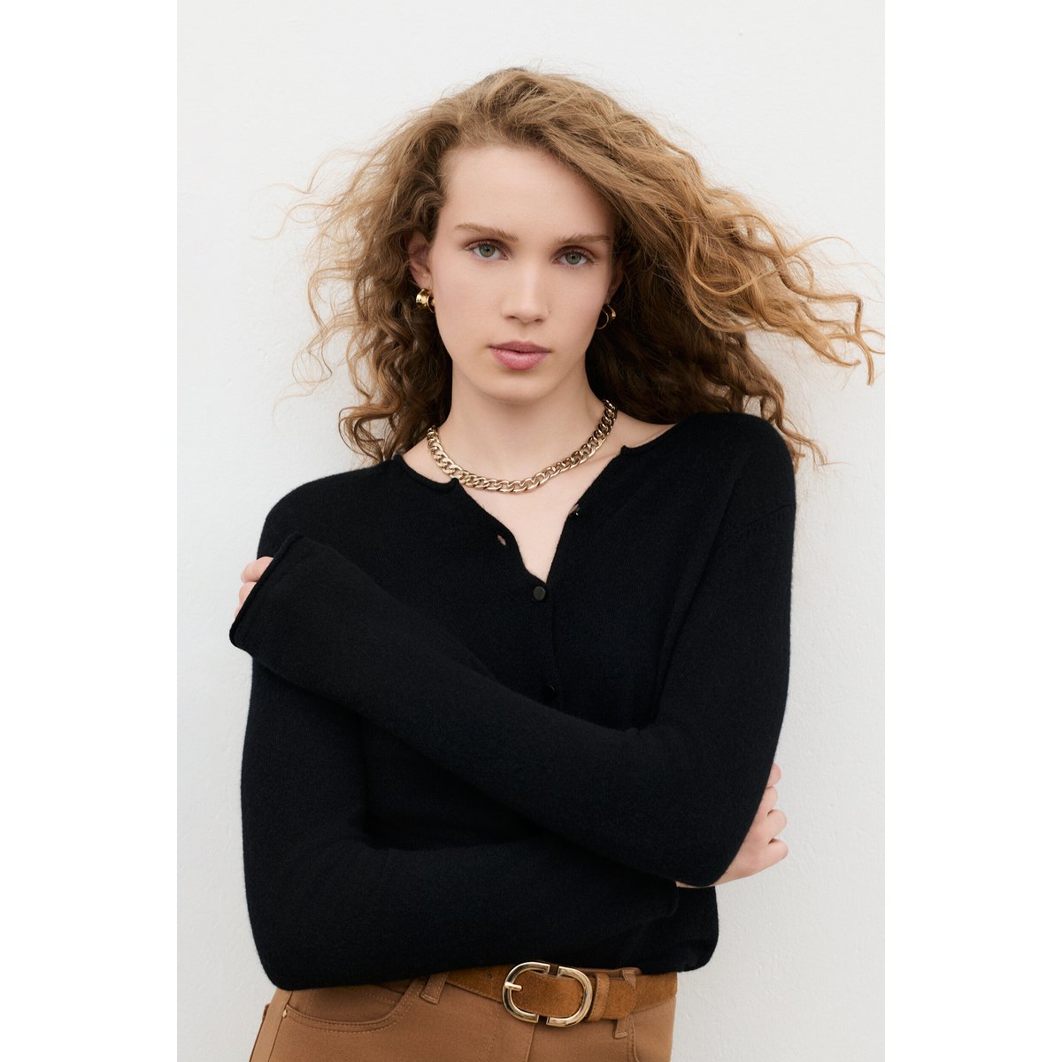 Pull droit col tunisien cachemire MSALLY noir, CAROLL