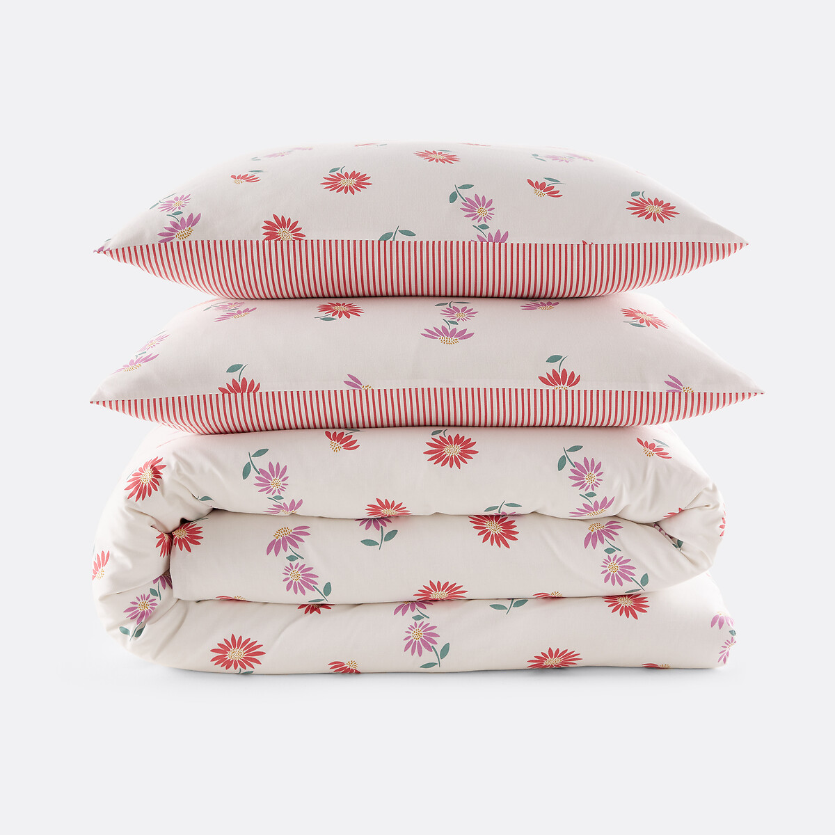 Parure de lit 30% de coton recyclé, taie carrée, DANYA imprimé fleuri/rayures, LA REDOUTE INTERIEURS
