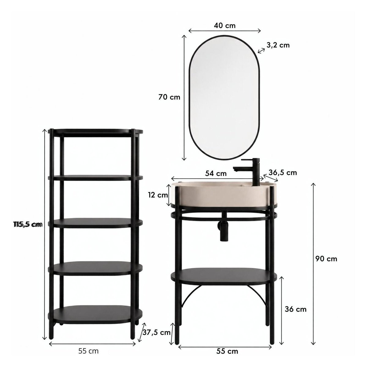 Meuble simple vasque sur pieds 55cm en métal noir et vasque béton et robinet noir, miroir et colonne beige, MOB IN