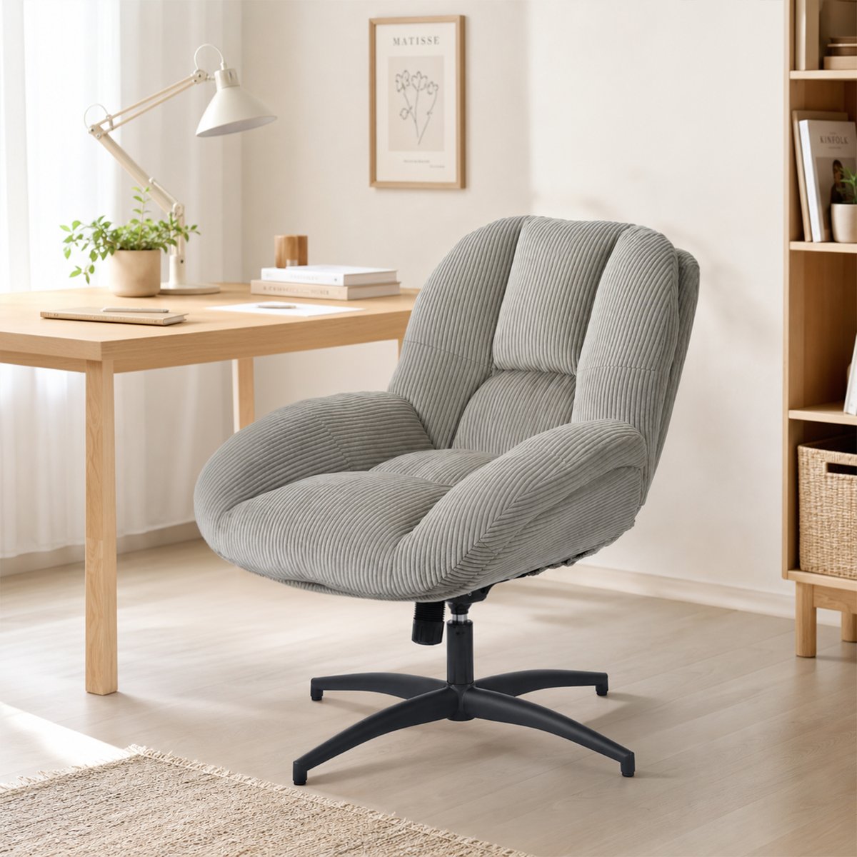 Chaise de bureau pivotante avec dossier inclinable en velours côtelé, LITHOPSFIX CORDO gris, MEUBLES COSY