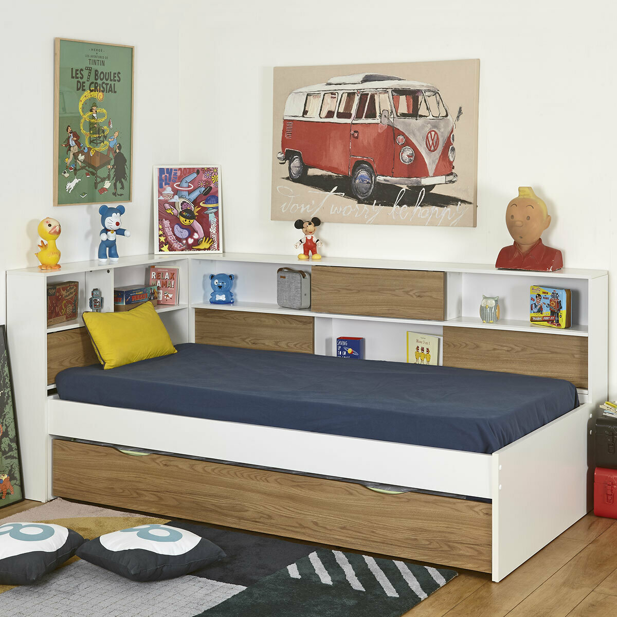 Pack lit cosy avec tiroir et matelas PLAY blanc et bois, AKITEN RETAIL