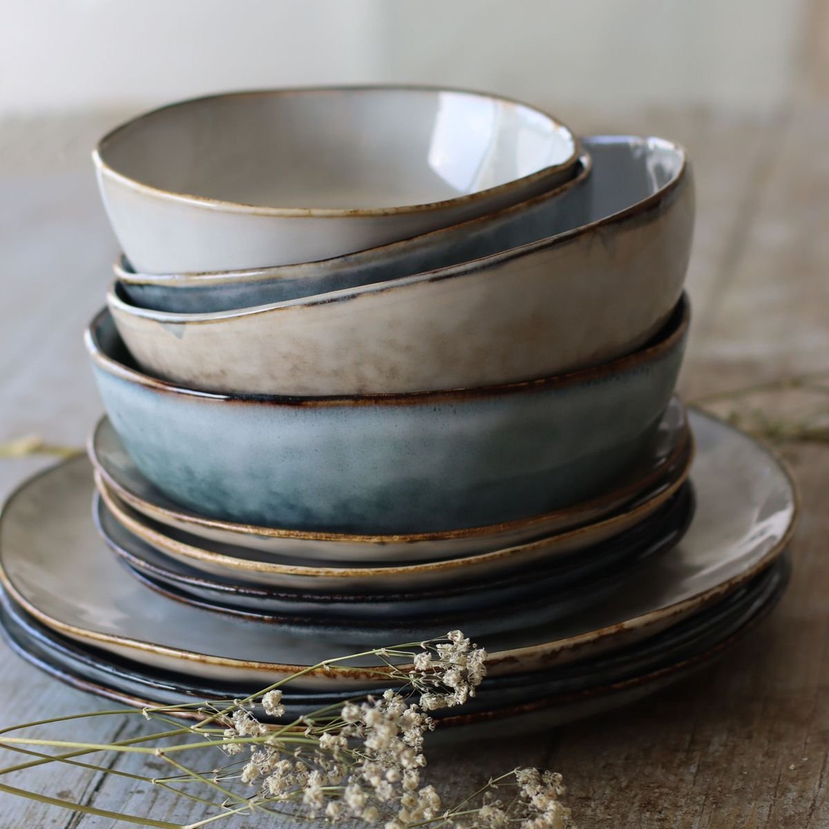 Lot de 6 assiettes desserts en grès 20,5cm, ARONAL bleu, OGO LIVING
