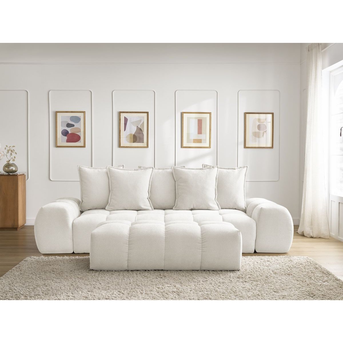 Canapé droit fixe 3 places en tissu texturé avec pouf, EVEREST blanc, BOBOCHIC