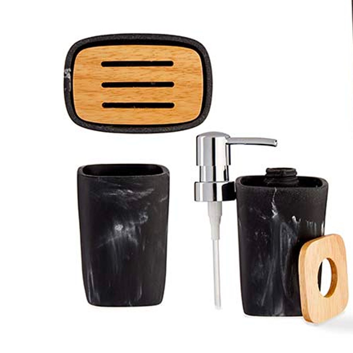 Set salle de bain plastique effet marbre noir et bambou - 3 pièces noir, WADIGA