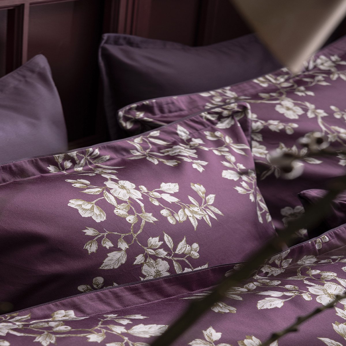 Housse de couette imprimée en satin de coton bio, VIVIENNE violet, ALEXANDRE TURPAULT