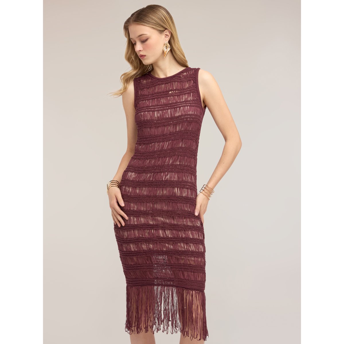 Robe fourreau macramé à franges violet, MOTIVI