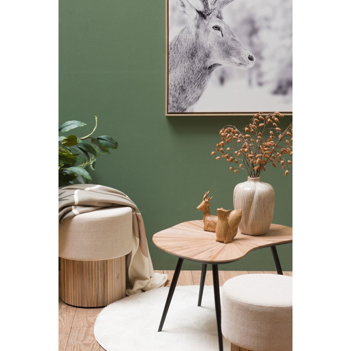 Tabouret en teck naturel et tissu camel H50 cm marron, AMADEUS