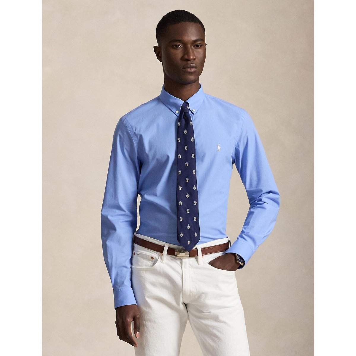 Embroidered Logo Chino Shirt in Cotton and Slim Fit sea blue, POLO RALPH LAUREN