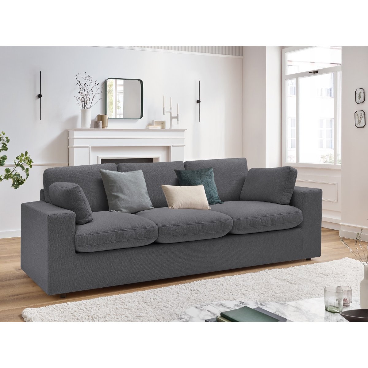 Canapé droit fixe 3 places en tissu, BELAIR gris foncé, BOBOCHIC
