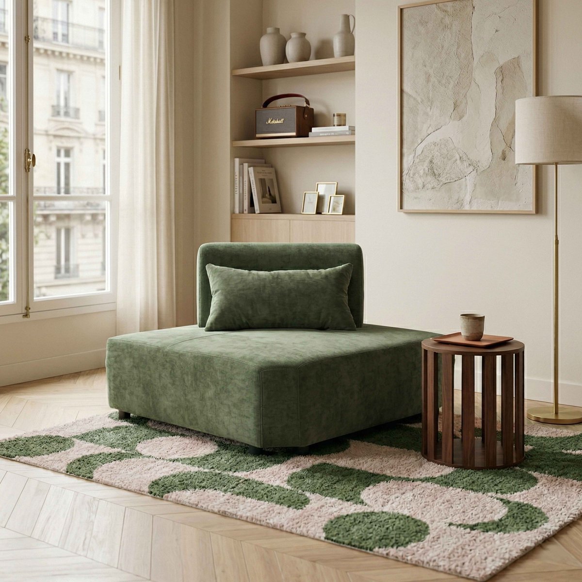 Fauteuil d'angle pour canapé modulable en tissu avec coussin dossier ajustable, CALLISTO vert, OVIALA