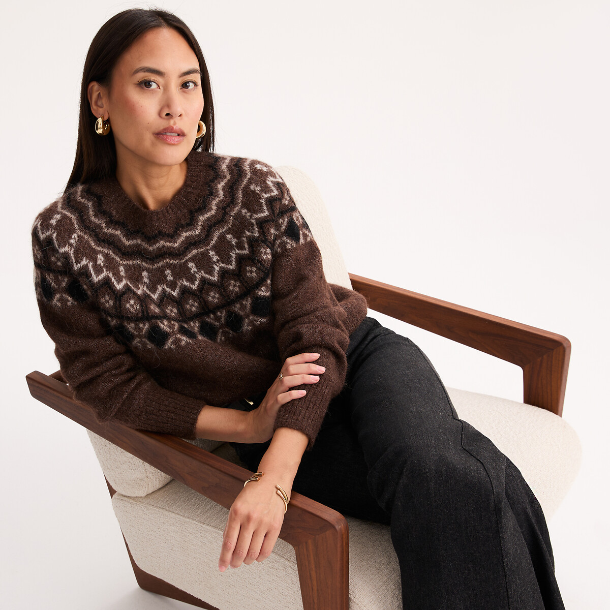 Pull jacquard à col rond, en alpaga mélangé jacquard beige, ANNE WEYBURN
