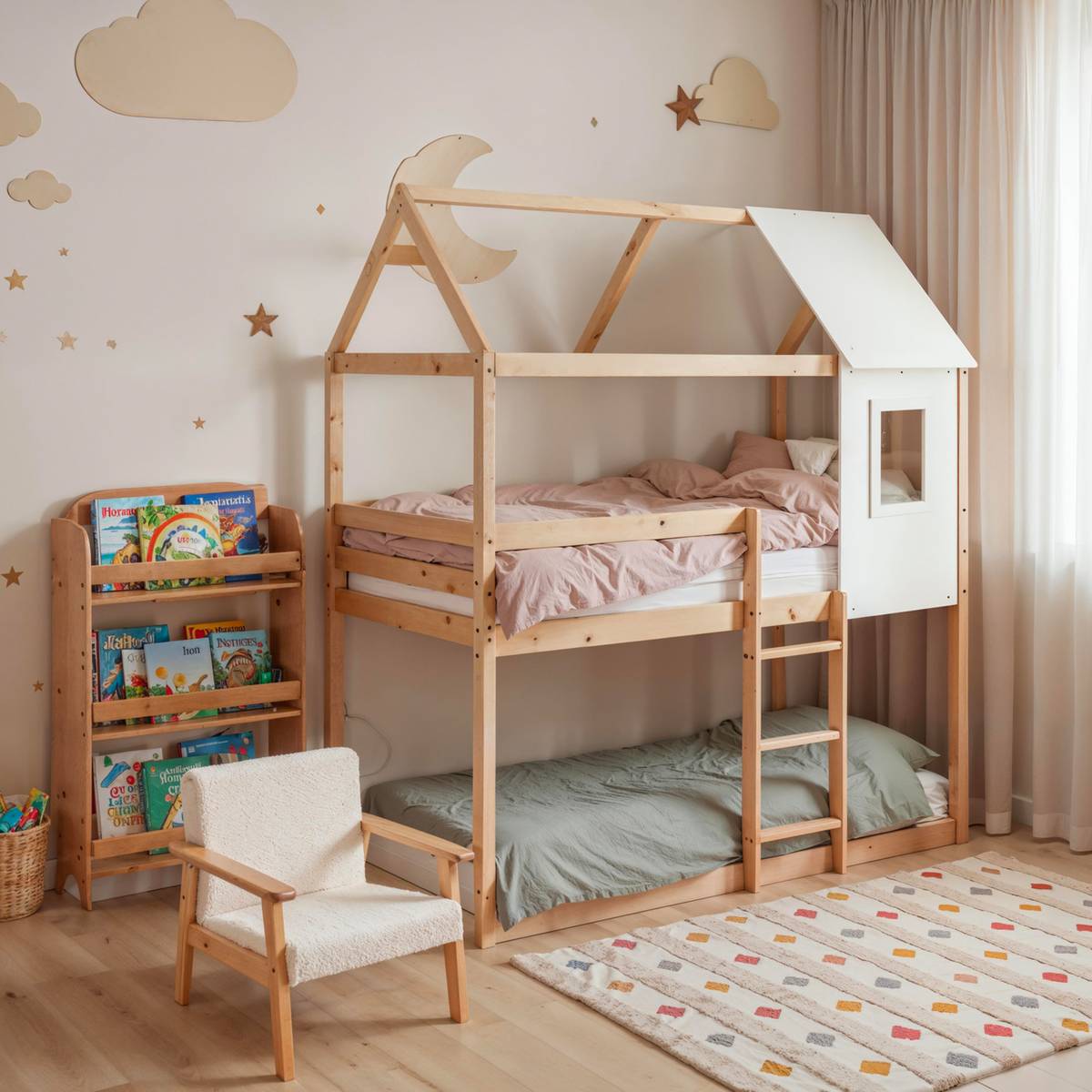 Lit superposé cabane pour enfant en pin BOSCO bois clair, ATMOSPHERA FOR KIDS