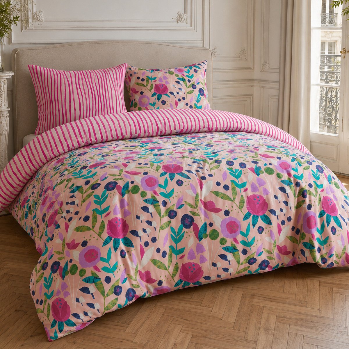 Parure housse de couette en percale de coton floral printemps, KATE MERRIT multicolore, C DESIGN HOME TEXTILE