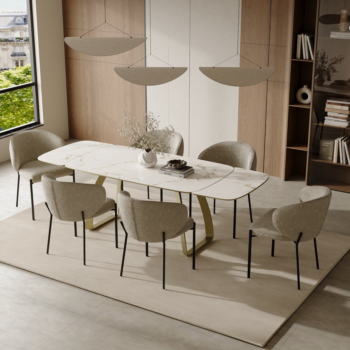 Table à manger extensible en céramique DAHLIA carrara blanc et doré, SIA HOME