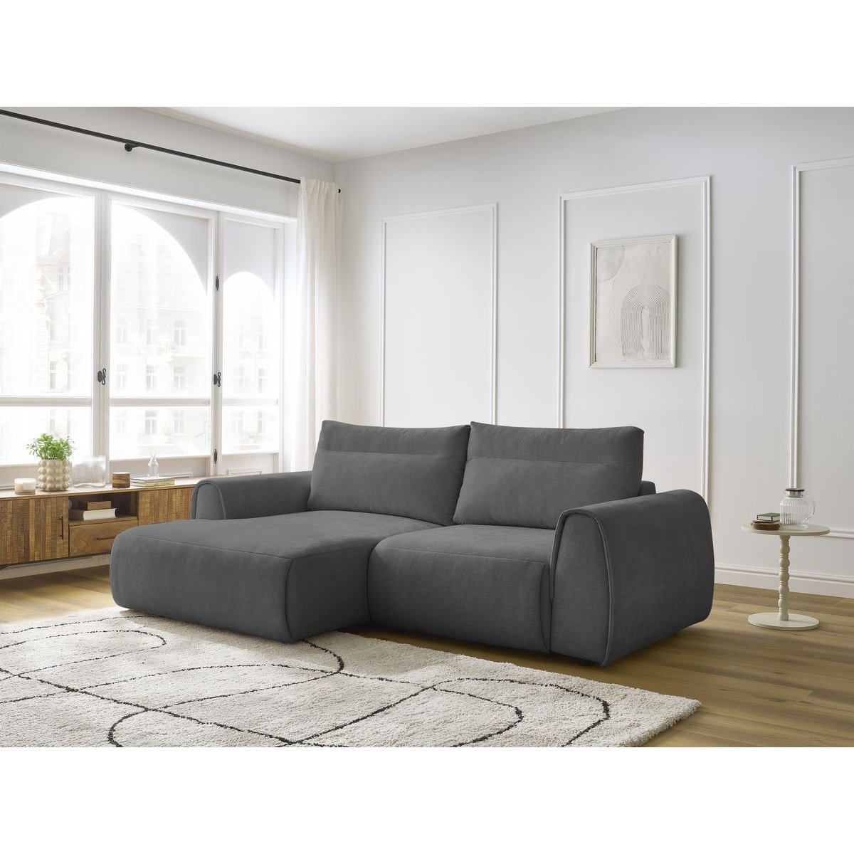 Canapé d'angle fixe compact 3 places tissu lisse, ADEN gris foncé, BOBOCHIC
