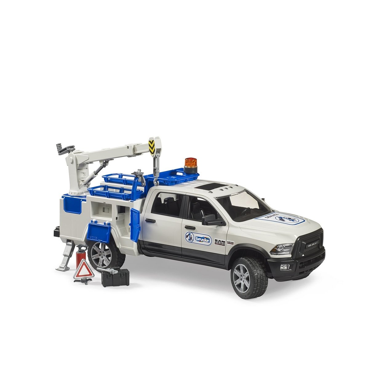 RAM 2500 Camion de service avec grue et gyrophare blanc et bleu, BRUDER
