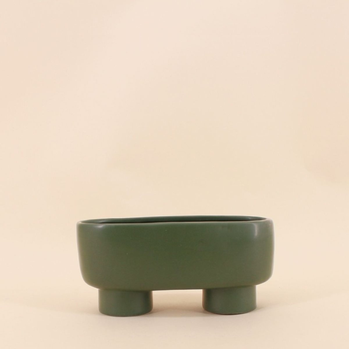 Cache pot en céramique ovale sur pieds 20cm vert, ORNAMI