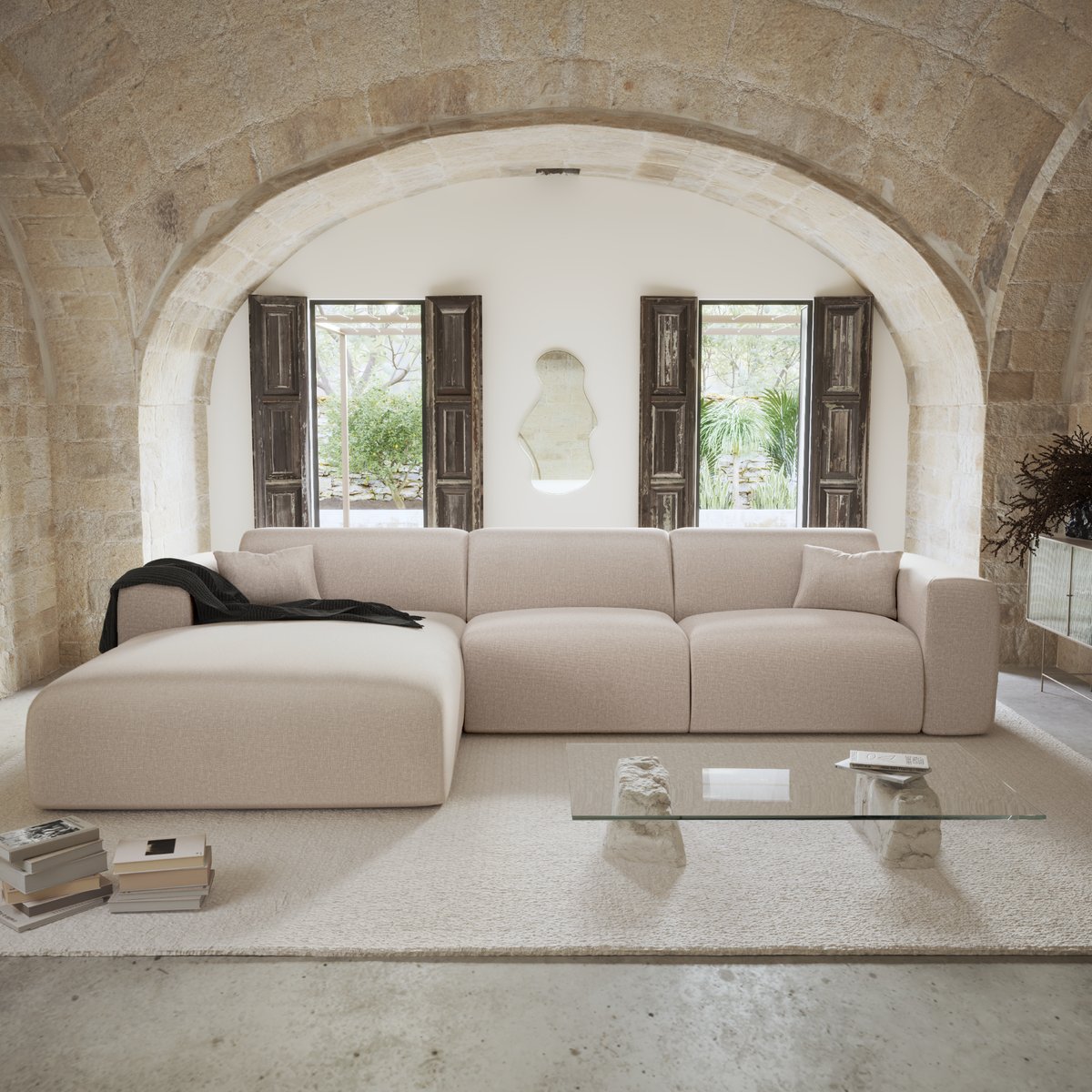 Canapé d'angle en tissu tramé MYRA beige, SIA HOME