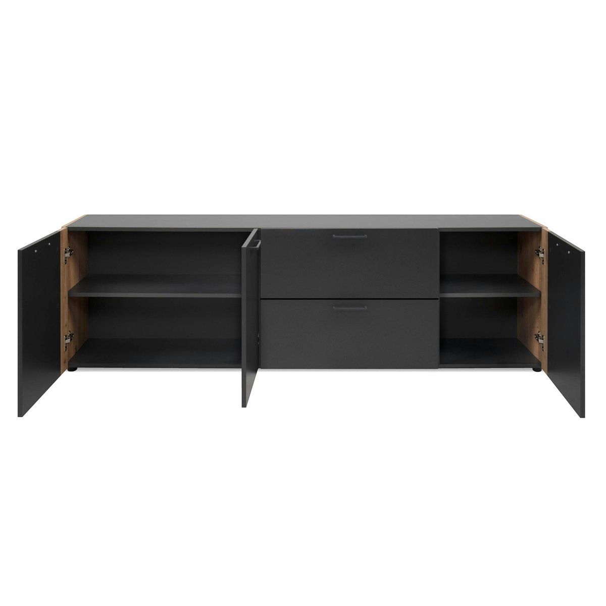 Long meuble TV gris foncé 3 portes 2 tiroirs ALVA bois naturel, PIER IMPORT