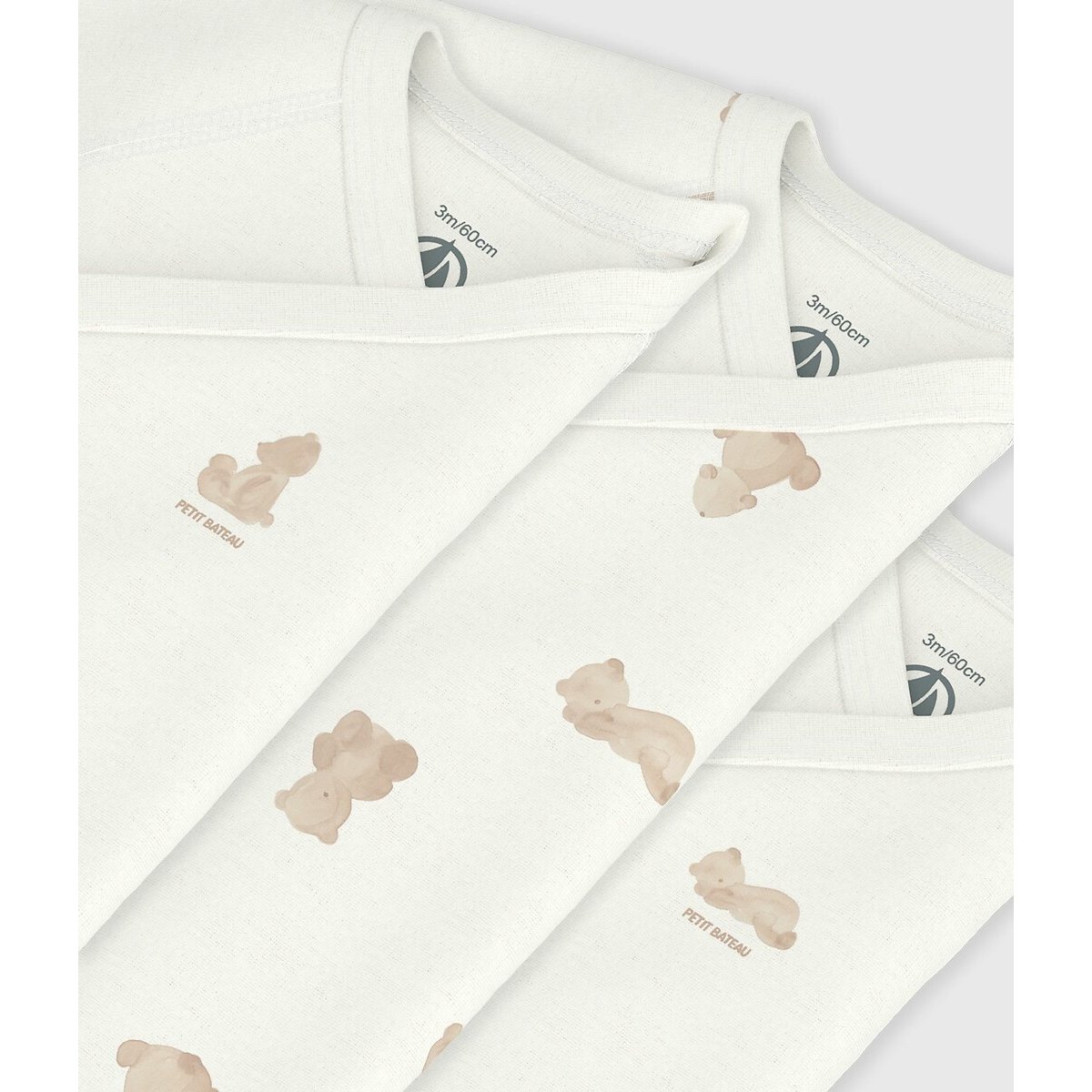 Lot de 3 bodies croisés, manches courtes, en coton, imprimé nounours blanc/marron, PETIT BATEAU