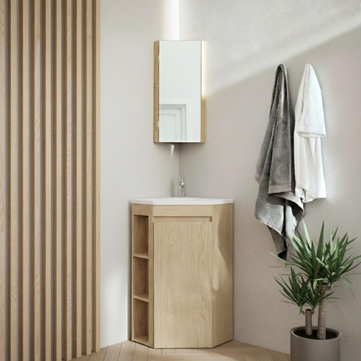 Meuble d'angle sur pieds avec vasque, robinet et armoire de toilette SORRENTO décor chêne, MOB IN