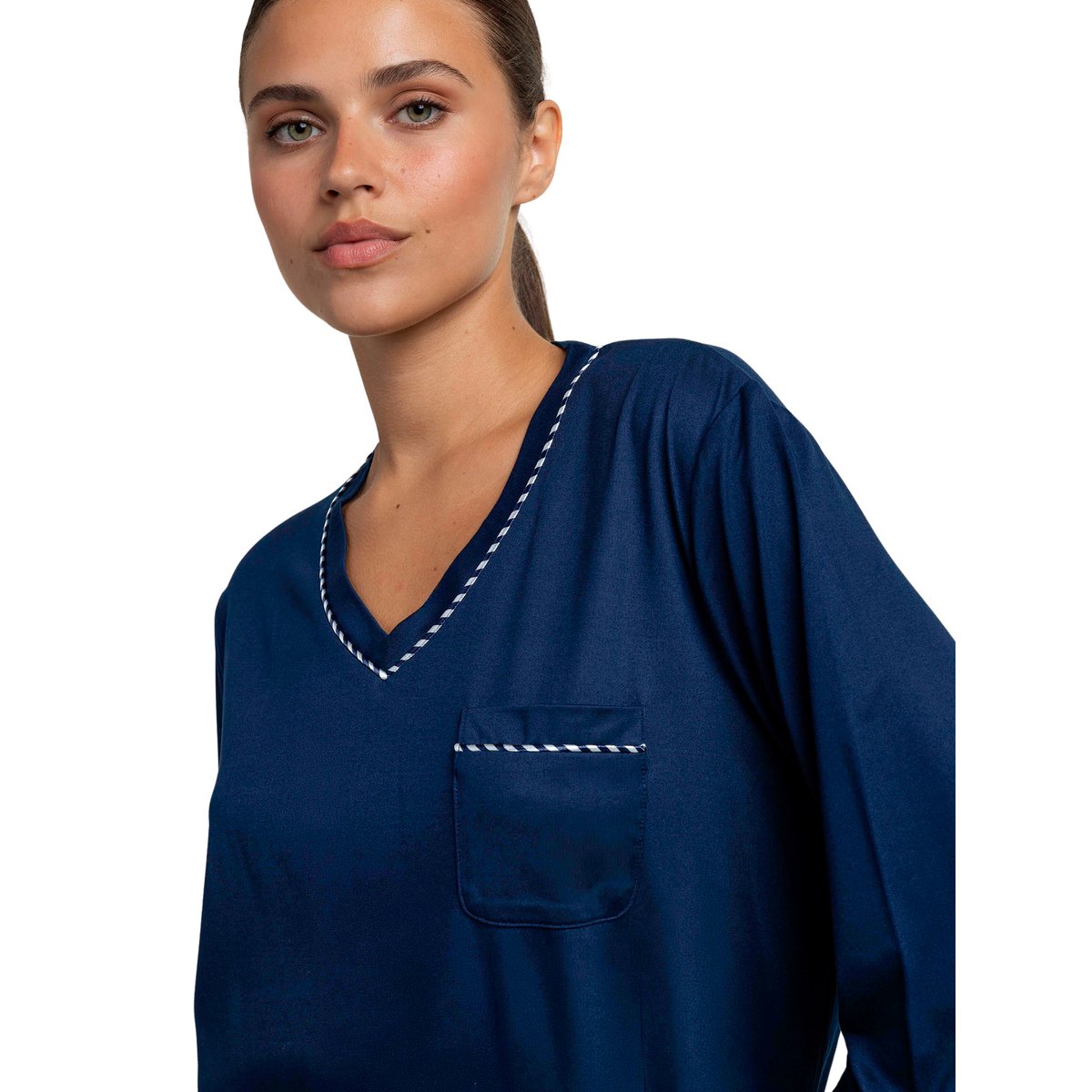 Pyjama pantalon top manches longues Luxury Pearl bleu marine, ADMAS