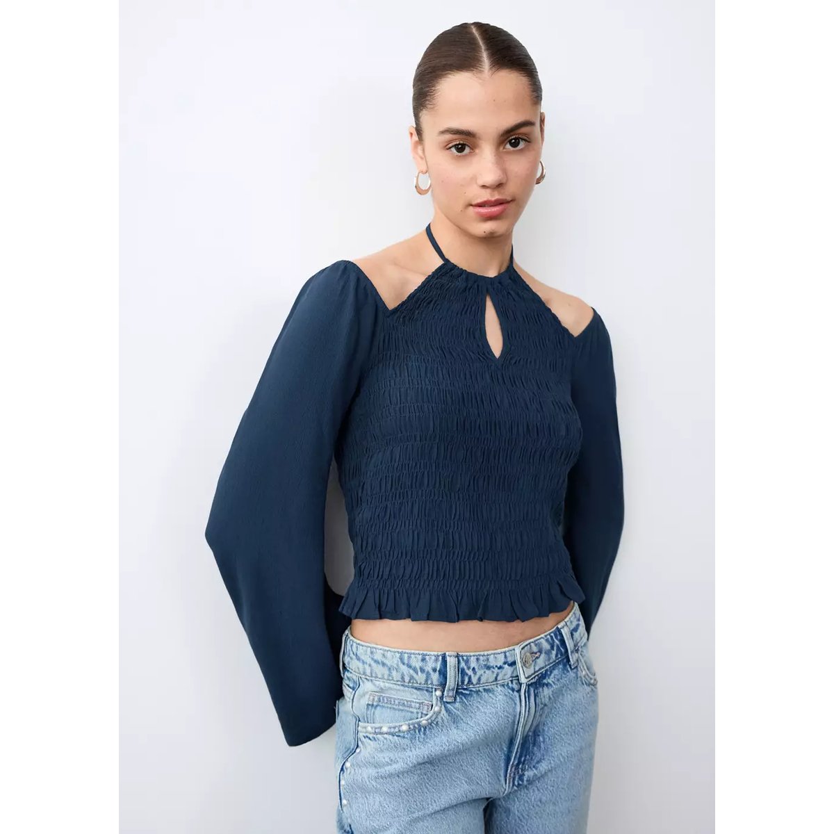 Blouse froncée cut-out bleu marine, MANGO TEEN