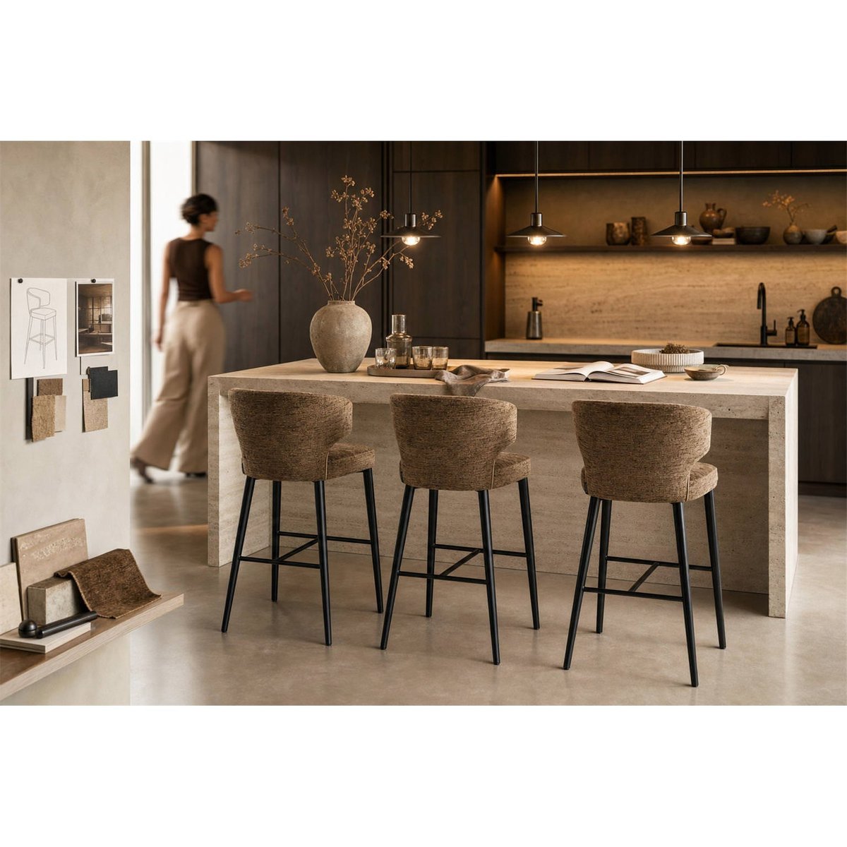 Tabouret de bar en tissu texturé brandy fusion, RECOLLECTION