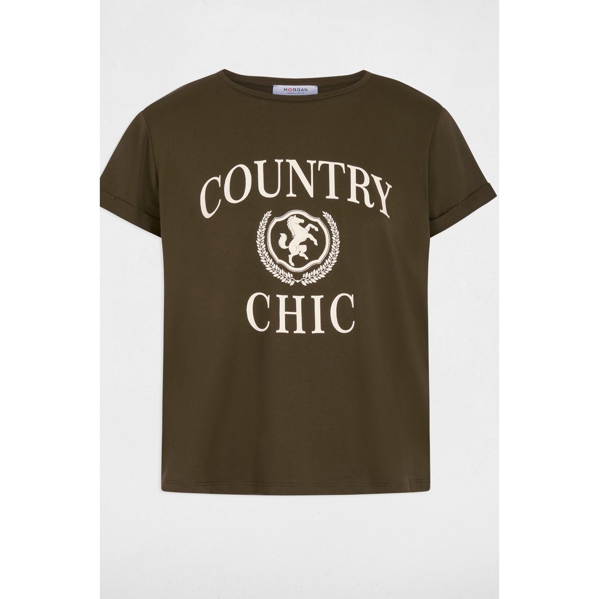 T-shirt col rond manches courtes vert kaki, MORGAN