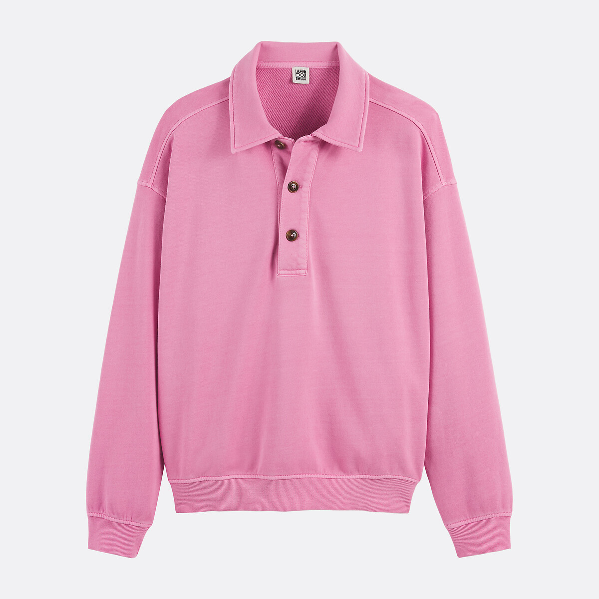 Sweat col polo, pur coton rose, LA REDOUTE COLLECTIONS