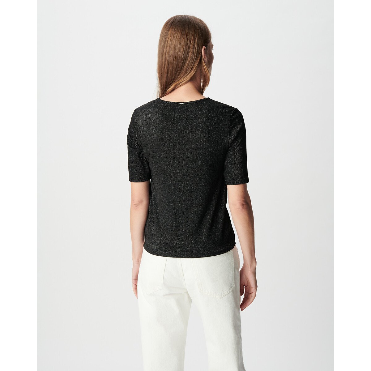 Short Sleeve Iridescent Draped T-Shirt with Crew Neck black, IKKS