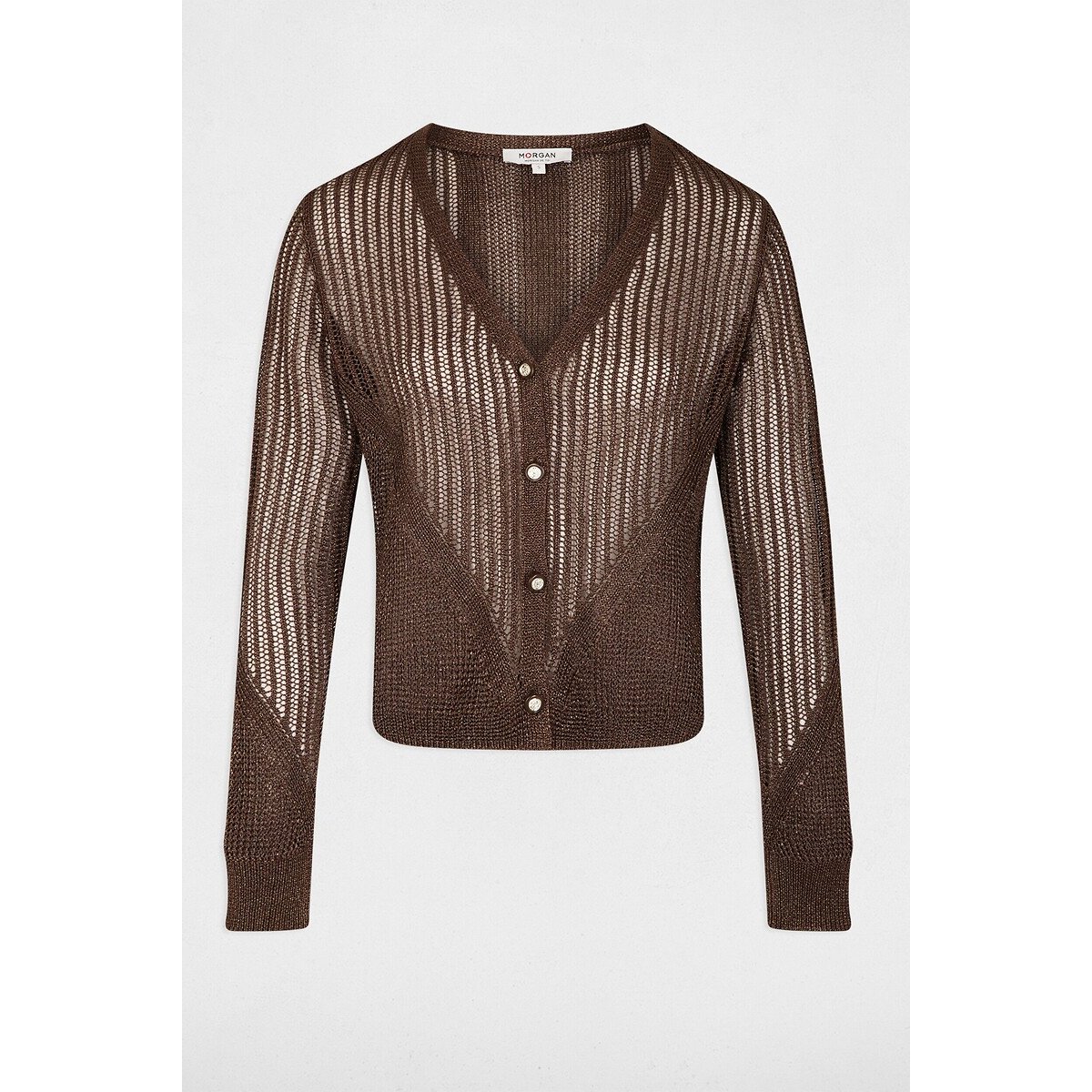 Gilet manches longues ajouré chocolat, MORGAN