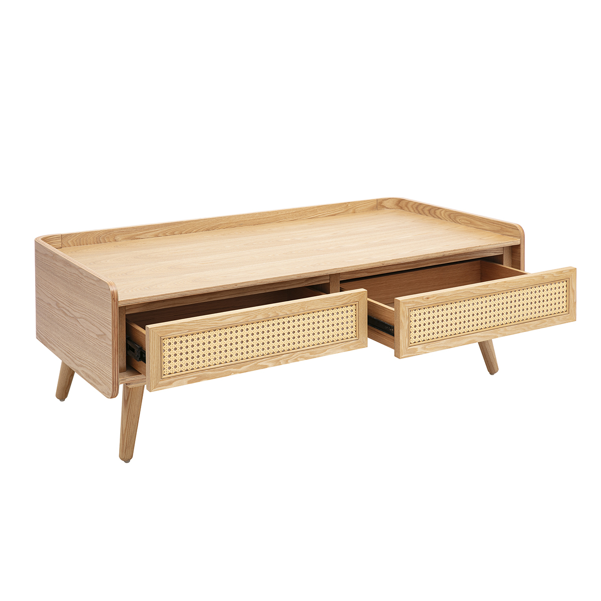 Table basse avec rangements en bois clair frêne et cannage rotin L120 cm ELSY couleur unique, MILIBOO