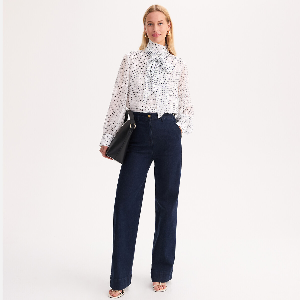 Blouse lavallière à pois manches longues imprimé pois fond blanc, ANNE WEYBURN