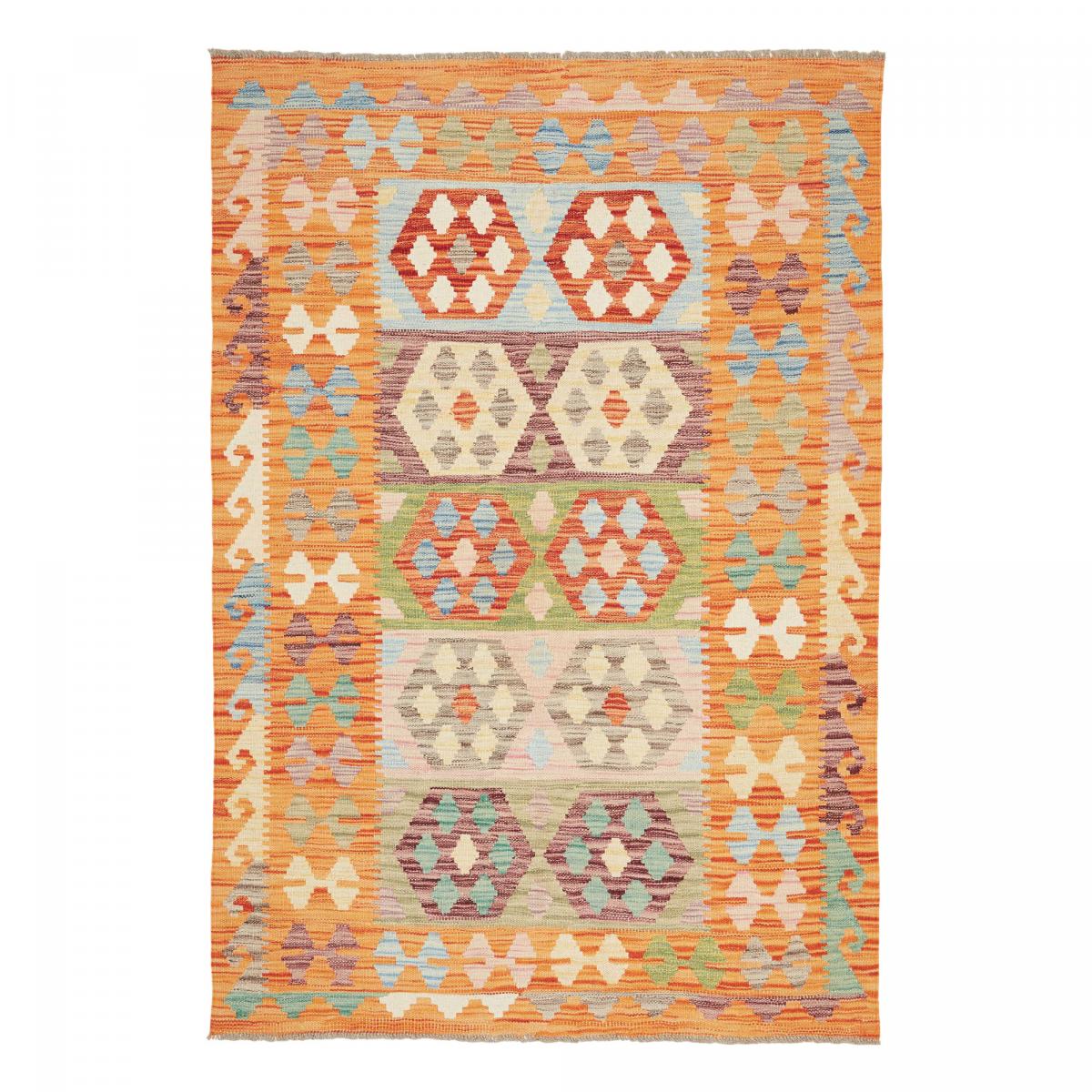 Tapis kilim au motif ethnique, tissé plat authentique, KILIM 24 multicolore, bleu, orange, UN AMOUR DE TAPIS