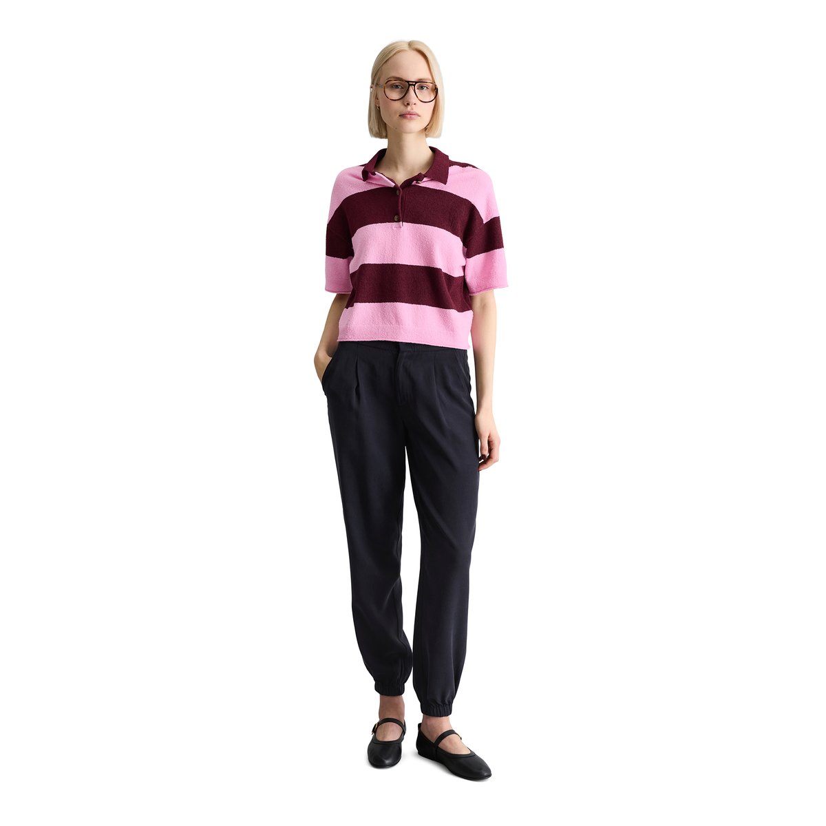 Polo en tricot régulier en mélange Crinkled Organic Cotton rose bonbon, MARC O’POLO DENIM