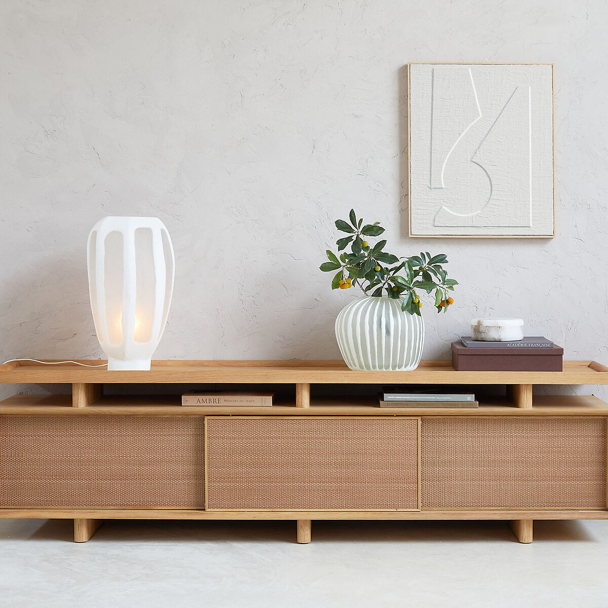 Meuble TV enfilade chêne, plaqué et cuir, Propono chêne naturel, AM.PM