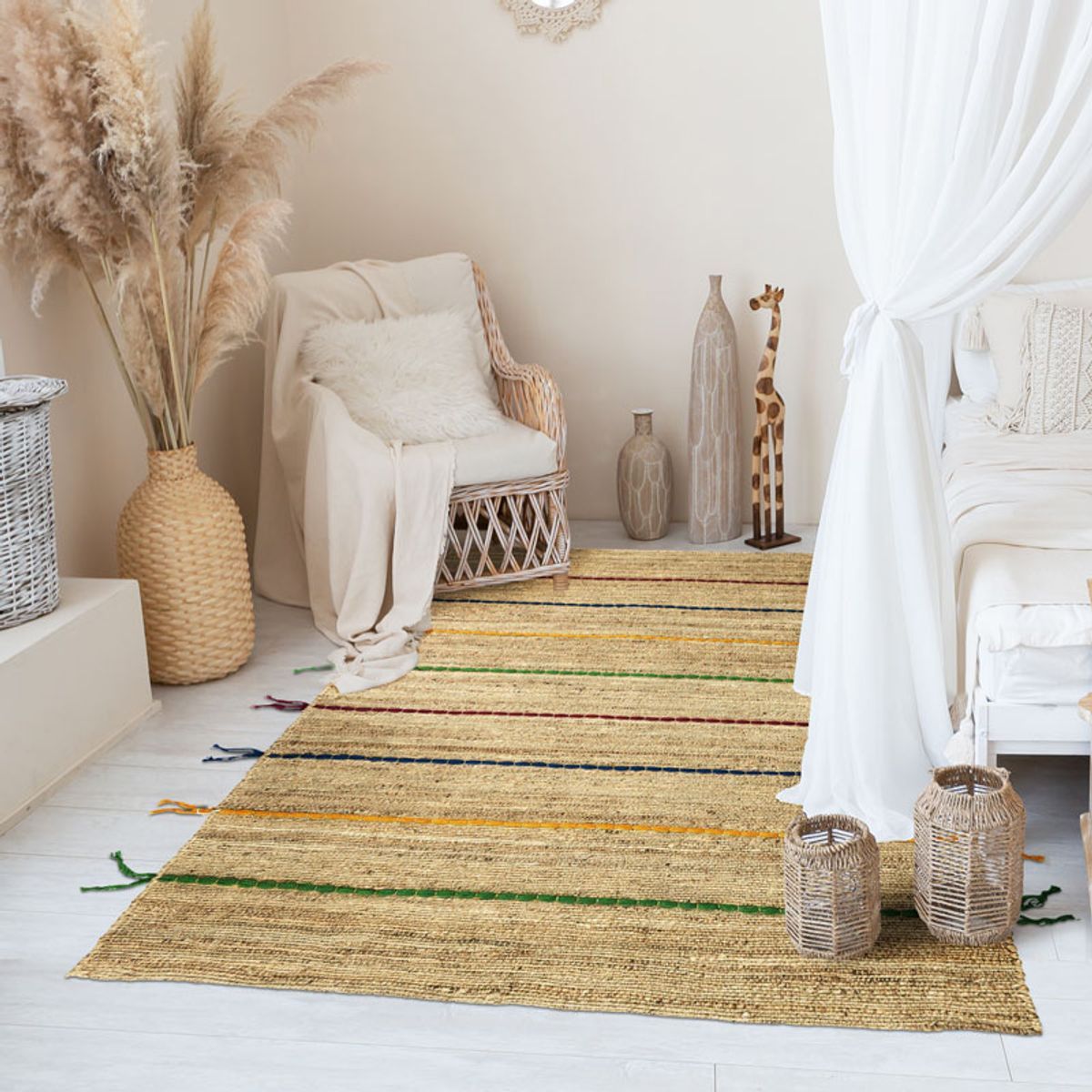 Tapis jute avec tresses en laine COLOR JUTE - style bohème multicolore, THE DECO FACTORY