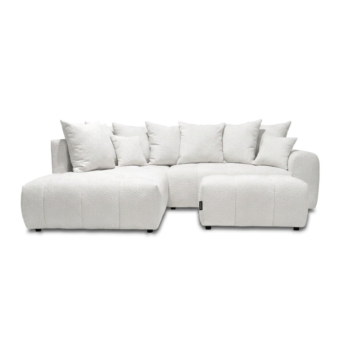 Canapé d'angle convertible 4 places en tissu bouclette avec pouf, ROXELANE blanc, BOBOCHIC